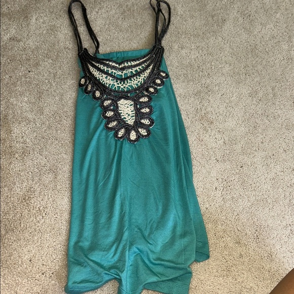 Kenner Tops - Kenner Teal Beaded Women's Criss Cross Strap Top